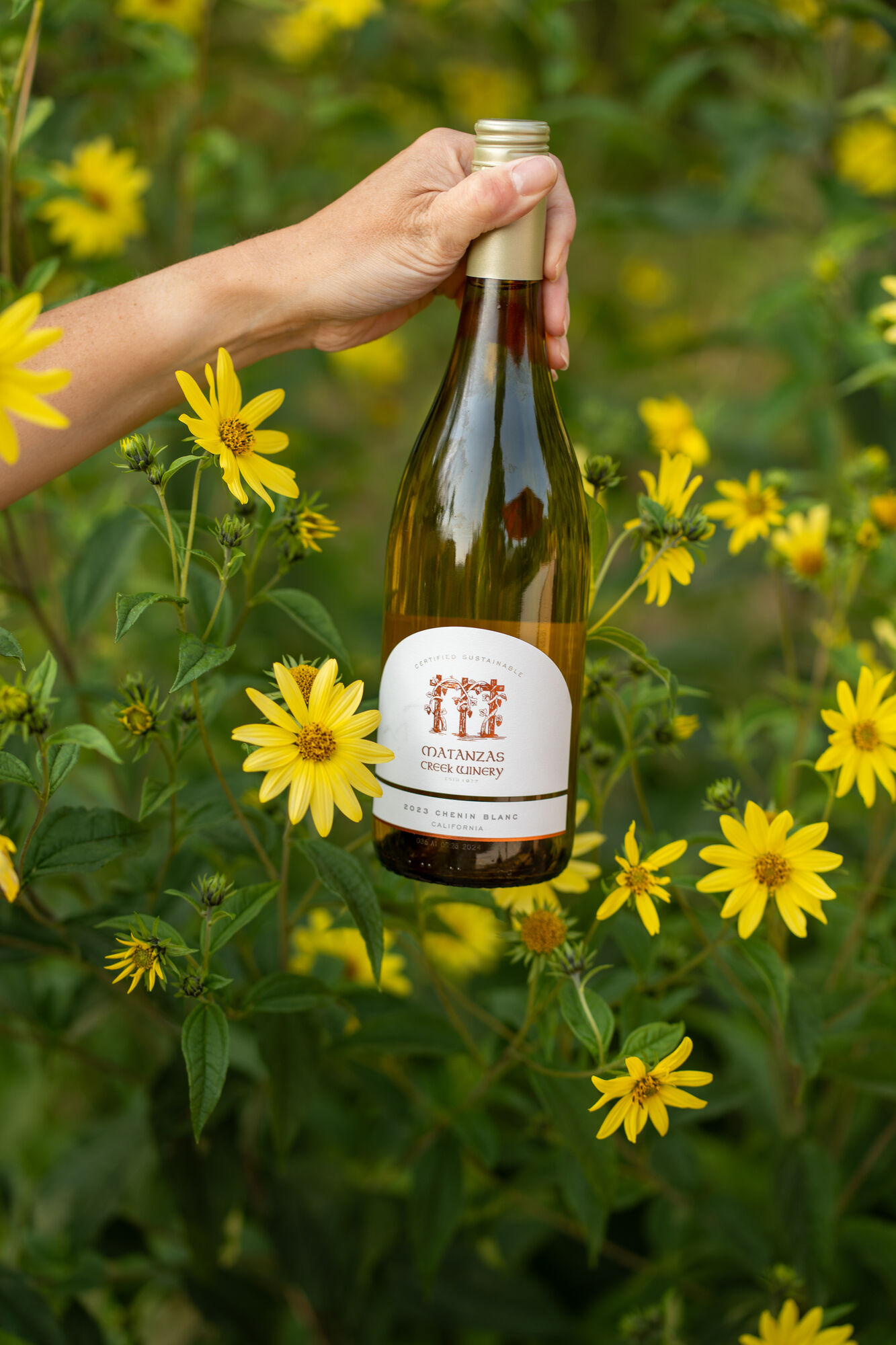 A bottle of Matanzas Creek wine with sunflowers